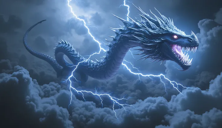 A thunderous storm dragon with the head of an electrified serpent, fangs glowing with crackling energy. Its 1500-foot body slithers through the clouds, summoning hurricanes and lightning, while its roar shakes the heavens like thunder.
