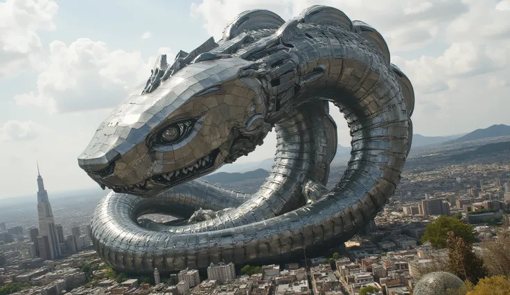 A gigantic metallic serpent golem with a smooth, reflective snake head, its body gleaming with mercury and titanium alloys. Standing at 200 stories tall, the golem’s mechanical head can crush cities, and its metallic coils bend the land into submission.