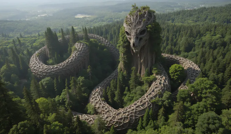 A massive tree elemental serpent, its head a gnarled, snake-like wooden skull covered in vines and roots. Its towering body twists like a giant serpent through forests, casting entire valleys into shadow and commanding the trees to rise in its wake.