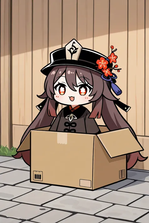 Hu Tao, in chibi style, standing alone with a calm expression. The background is soft and minimalistic, with no human interaction or objects around her. Being in a big box,outdoor background, creating a clean and simple aesthetic.