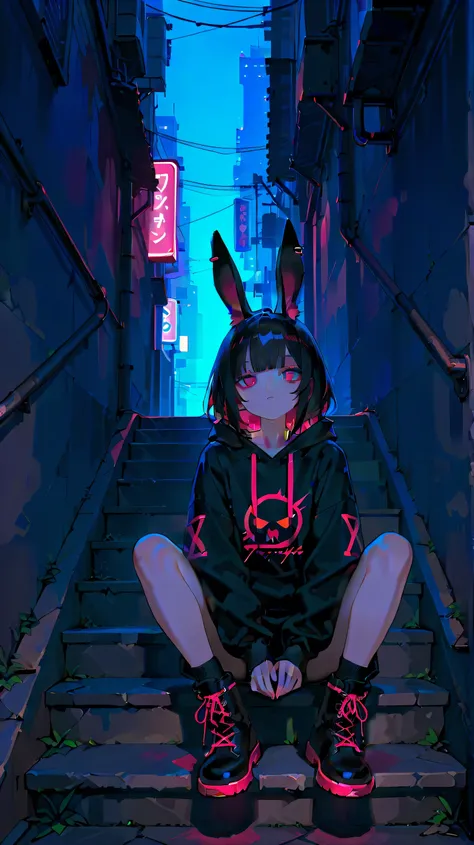 masterpiece, best quality, ultra-detailed, dark fantasy,usnr, 748cmstyle,underground style,cute illustration,chibi style,streetwear, trk,girl, black hoodie,Rabbit ears sticking out of the hood,sitting on stairs, urban alley background, tactical boots, dyst...