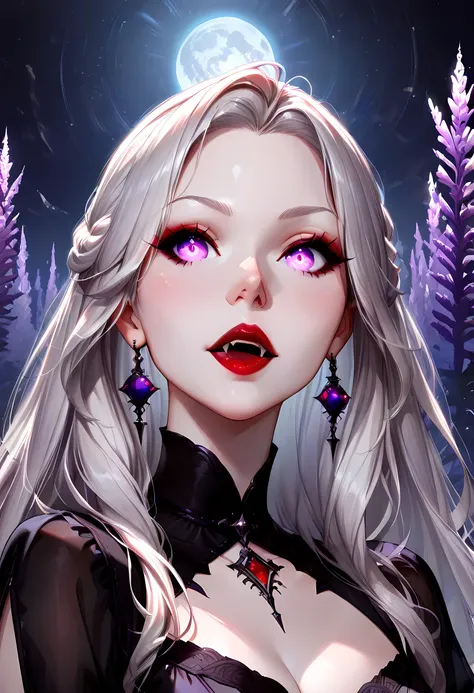 dark fantasy art, a picture of a fantasy, a beautiful female vampire, feminine body, full body shot, best detailed face, pale skin, white hair, glowing eyes, lavender eyes, dark red lips, fangs, wearing black dress, (transparent fabric dress: 1.3), goth d...
