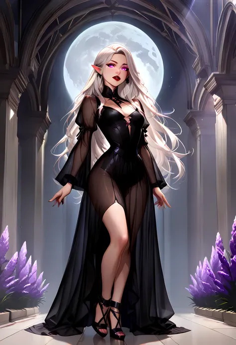 dark fantasy art, a picture of a fantasy, a beautiful female vampire, feminine body, full body shot, best detailed face,  pale skin, white hair, glowing eyes, lavender eyes, dark red lips, fangs, wearing black dress, (transparent fabric dress: 1.3), goth d...