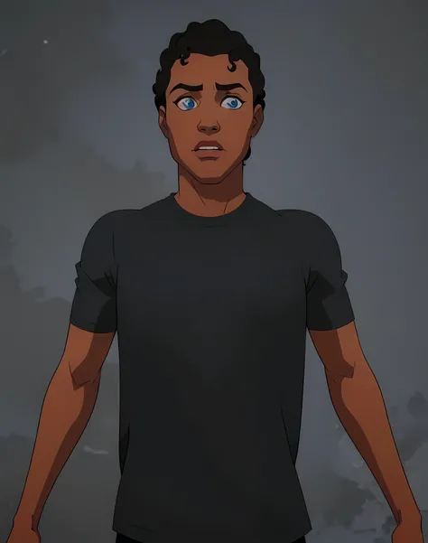 Bill-Blue
A black ager, black curly hair, wearing a black shirt, Blue eyes