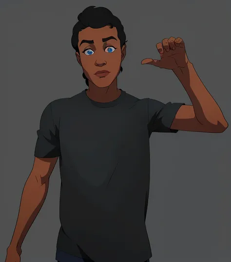 Bill-Blue
A black ager, black curly hair, wearing a black shirt, Blue eyes