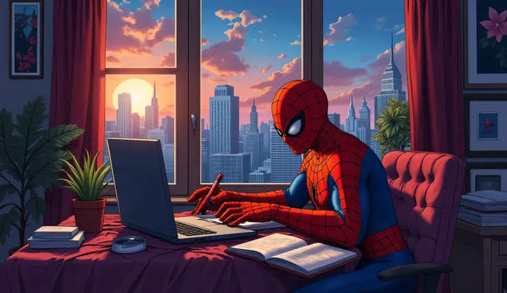 Create Spider-Man in ultra definition 8k, studying in your room and concentrating in your room at 3 in the morning, with a window in the background showing a beautiful landscape of the city. Spider-Man must be strong with a defined and imposing body.