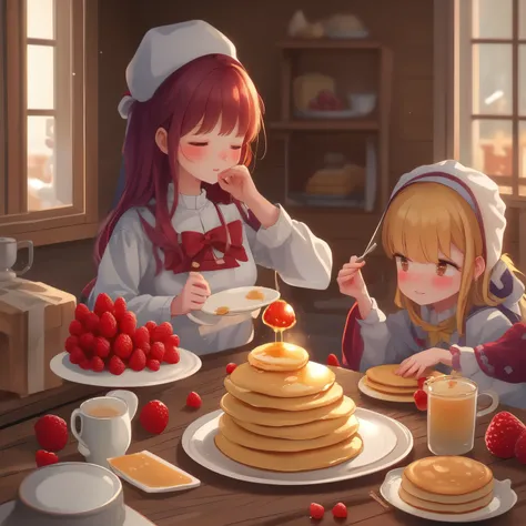 A tall stack of fluffy, golden pancakes sits at the center of a rustic wooden table, bathed in warm morning light filtering through a window. Maple syrup slowly drips down the edges, forming sweet puddles on the plate. A dusting of powdered sugar glistens ...