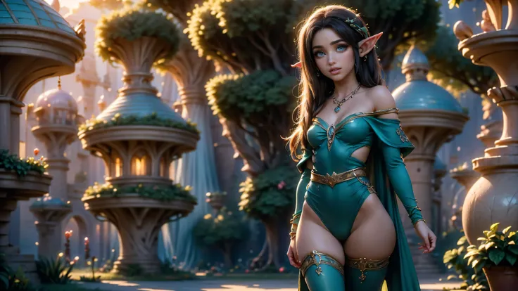((1girl)), ((solo)), ((young woodland warrior elf girl)), ((walking through an elf village)), ((male elves turning to look at her)), ((elf girl focus)), ((long dark hair)), ((small ears)), ((round breasts)), thigh-highs, formfitting eleven clothes, tight c...