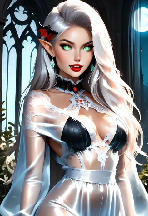 dark fantasy art, a picture of a fantasy, a beautiful female vampire, best detailed face,  pale skin, white hair, glowing eyes, (emerald eyes: 1.1), dark red lips, fangs, wearing black dress, (transparent voile fabric dress: 1.3), goth dress, small cleavag...