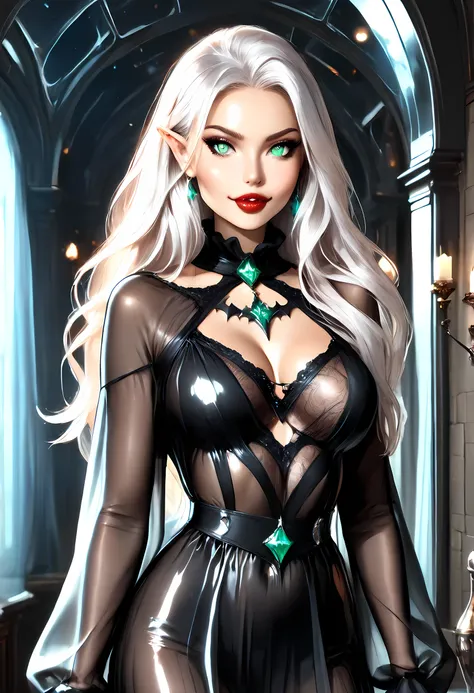 dark fantasy art, a picture of a fantasy, a beautiful female vampire, best detailed face,  pale skin, white hair, glowing eyes, (emerald eyes: 1.1), dark red lips, fangs, wearing black dress, (transparent voile fabric dress: 1.3), goth dress, small cleavag...