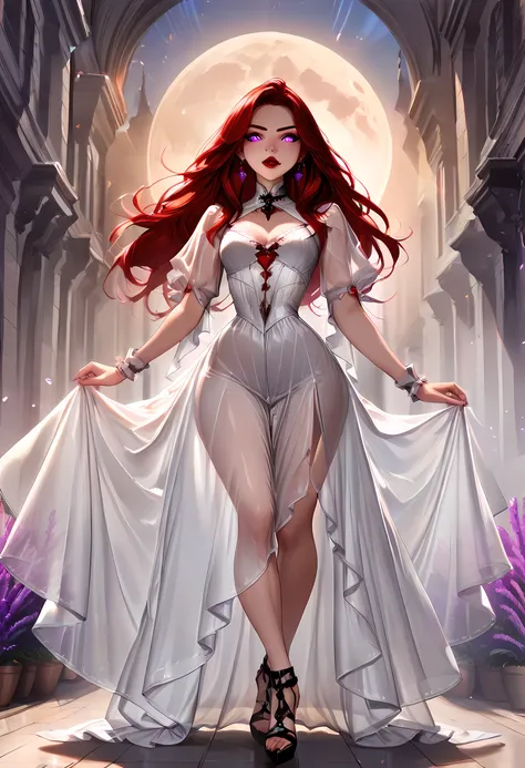 dark fantasy art, a picture of a fantasy, a beautiful female vampire, feminine body, full body shot, best detailed face,  pale skin, red hair, glowing eyes, lavender eyes, dark red lips, fangs, wearing white dress, (transparent fabric dress: 1.3), goth dre...
