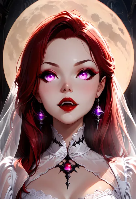 dark fantasy art, a picture of a fantasy, a beautiful female vampire, feminine body, portrait, best detailed face, pale skin, red hair, glowing eyes, lavender eyes, dark red lips, fangs, wearing white dress, (transparent fabric dress: 1.3), goth dress, sm...