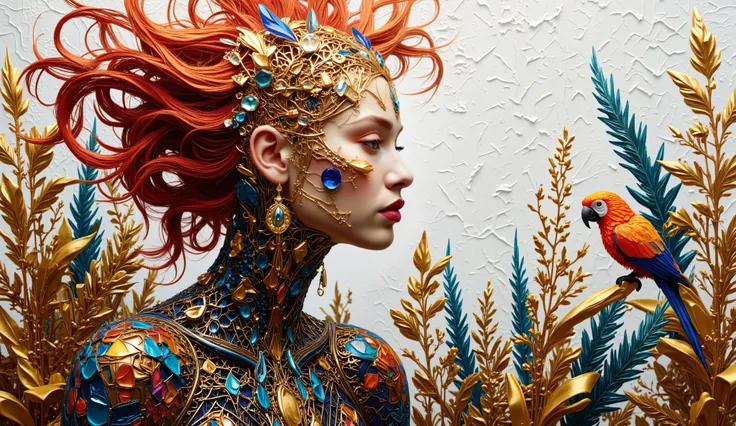 A whimsical fusion of patterns and colors brings to life an imaginative scene, featuring a central figure with flowing red hair and striking makeup, exuding an air of mystery. She is enveloped in a rich tapestry of bold geometric designs and organic motifs...