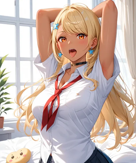 master piece、Best Quality,Super detailed,High resolution,Extremely detailed CG,Unity 8K Wallpaper,weat,score_9, score_8_up, score_7_up, score_6_up, score_5_up, score_4_up, source_anime,QpiOriginal, orange eyes, dark skin, blonde hair, long hair, swept bang...