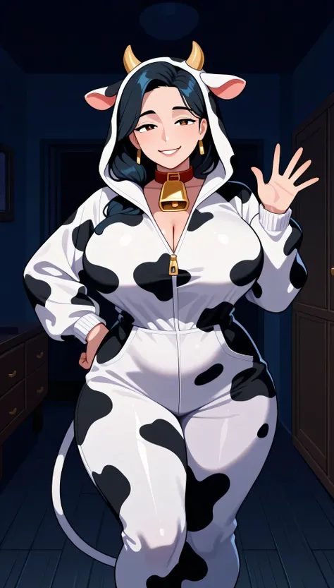 Milf, black hair, mediun hair, big bobbies, cow costume, sexy smile, dark room, safe to work content 
