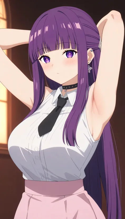 1 Female, High definition,high resolution,Ultra-realistic,8K, Fern, long hair, bangs, purple eyes, purple hair, sidelocks, blunt bangs, bright pupils, half updo, large breasts, anime screencap, choker, earrings, ear piercing, necktie,pink skirt,tight skirt...