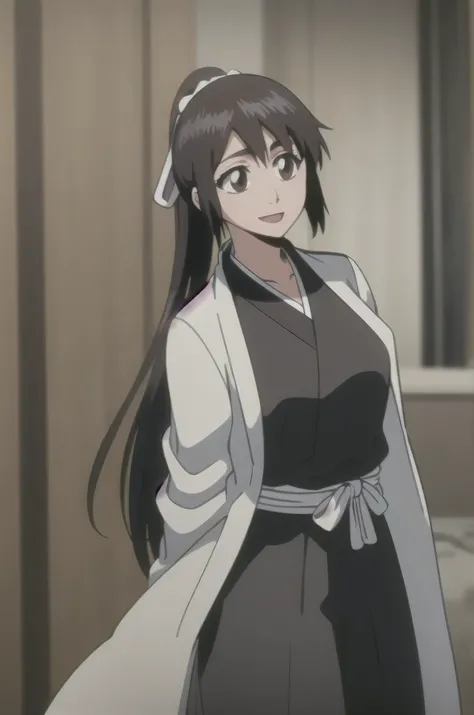 Masterpiece, top quality ,
one girl from the side , romantic love , black hair, single , ponytail, Vancouver, brown eyes,
Hair bangs,
kimono, white sleeveless coat ,Captain's coat without white sleeves, black kimono ,
smile, alone, I...
