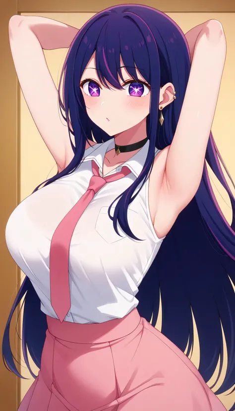 1 Female, High definition,high resolution,Ultra-realistic,8K, ai hoshino, long hair, bangs, purple eyes, purple hair, symbol-shaped pupils, choker, earrings, ear piercing, necktie,pink skirt,tight skirt, miniskirt ,sleeveless, jewelry, large breasts, Europ...