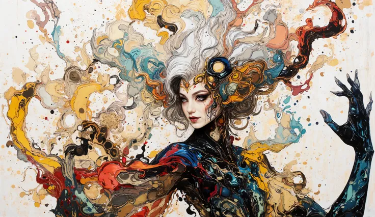 A whimsical fusion of patterns and colors brings to life an imaginative scene, featuring a central figure with flowing white hair and striking makeup, exuding an air of mystery. She is enveloped in a rich tapestry of bold geometric designs and organic moti...