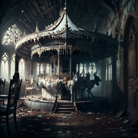close-up of a white abandoned carousel, great atmosphere and drama, Spooky Aesthetics , Detailed white interior , atmosphere, White light, 8k, Gothic Horror
