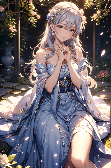 best quality mystical 、(cowboy shot ) Japanese anime character 1 WOMAN cute smile!smile! gentle gaze , beautiful eyes 、、 chest size 130 beautiful beautiful skin on hands 、、 music healing simple lawn configuration flower、 Beautiful ...