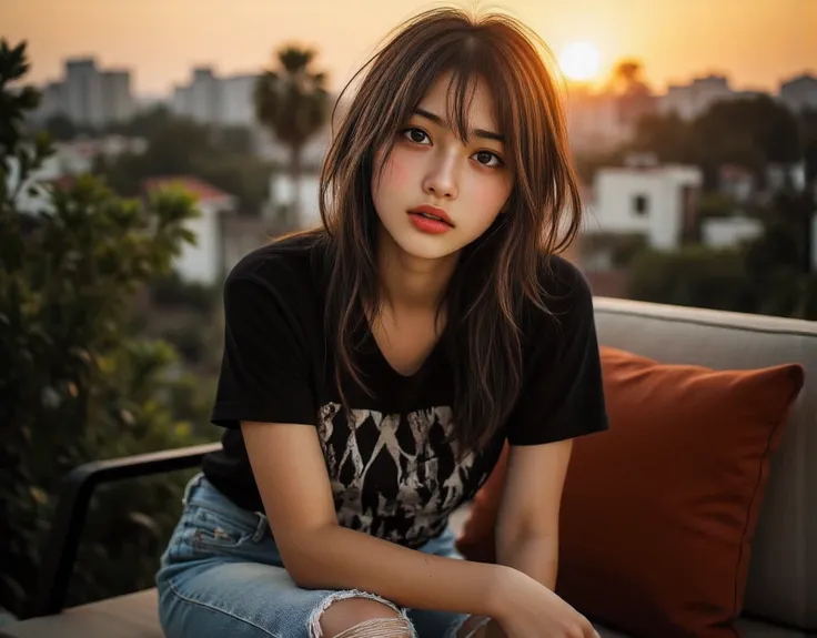 Beautiful amber skies (Large and prominent perky breasts) (portrait Flash photography) morena girl, photo, Aesthetically pleasing cinematic composition, epic perspective, dramatic lighting and shadows, symmetrical and detailed, Cute girl with small perky b...