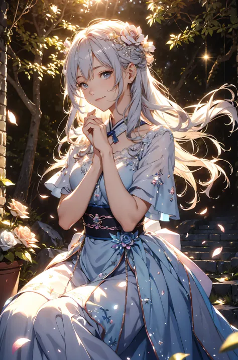 best quality mystical 、(cowboy shot ) Japanese anime character 1 WOMAN cute smile!smile! gentle gaze , beautiful eyes 、、 chest size 130 beautiful beautiful skin on hands 、、 music healing simple lawn configuration flower、 Beautiful ...
