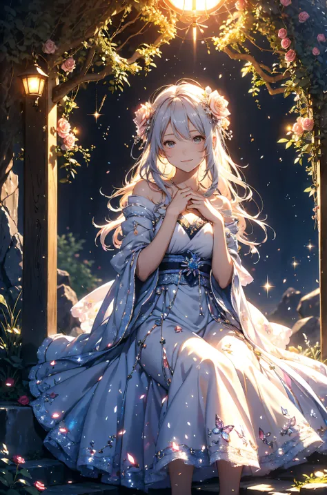 best quality mystical 、(cowboy shot ) Japanese anime character 1 WOMAN cute smile!smile! gentle gaze , beautiful eyes 、、 chest size 130 beautiful beautiful skin on hands 、、 music healing simple lawn configuration flower、 Beautiful ...