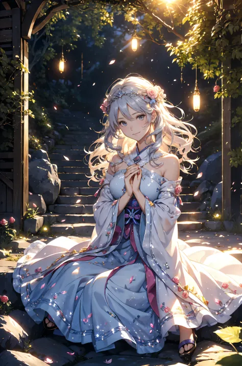 best quality mystical 、(cowboy shot ) Japanese anime character 1 WOMAN cute smile!smile! gentle gaze , beautiful eyes 、、 chest size 130 beautiful beautiful skin on hands 、、 music healing simple lawn configuration flower、 Beautiful ...
