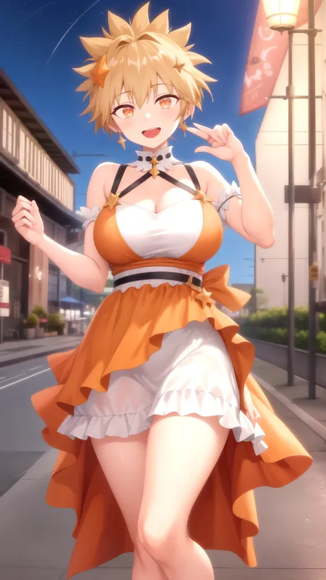 masterpiece, best quality, high quality, girl, solo, looking at viewer, shuu_inuzuka, spiked hair, light brown hair, orange eyes, large breasts, Honkai Star Rail cosplay, princess Dress, standing, smile, open mouth, outdoors 