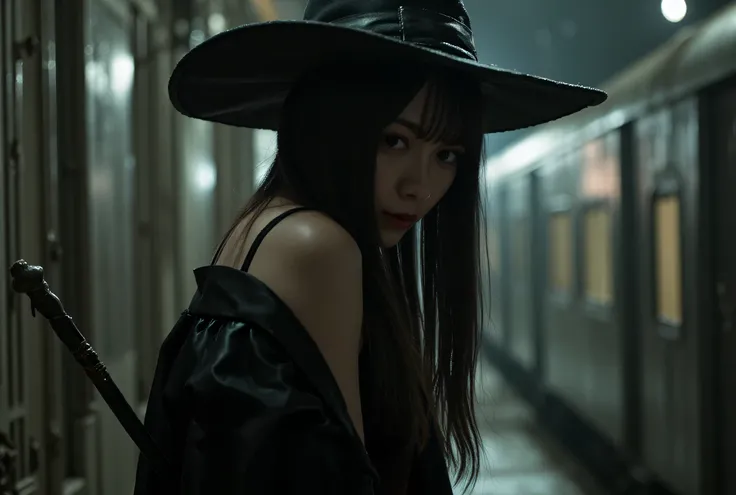 (((midnight,dark old 16th century witch house:2.0))),(((gothic horror atmosphere:2.0))),(((Thick and Long Magic Wand:2.0))),((( casting spells :2.0))),side view from the back,Side pose,((looks back and look at the camera:2.0)),((Looking Back Over Her Shoul...