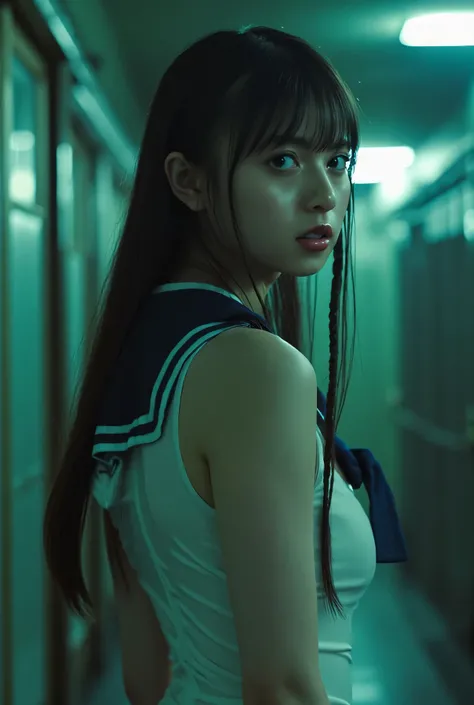 (((The dark interior of the Nostromo ship :2.0))),(((HR Gigger style cyberpunk vibe:2.0))),(((Open your feet wide:2.0))), standing,((full body:2.0)),one woman,(cute face),(Beautiful well-balanced face ),((braids with bangs :2.0)),( black hair:1.5),(beautif...