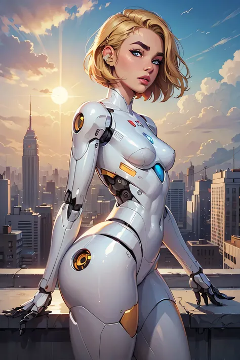 (sun, cloud sky, robotic city), 1girl, perfect face, blonde hair, bob hair, brown eyebrows, thin eyebrows, blue eyes, black eyeliners, nose, lips, beautiful, small breasts, (thick thighs:1.3), standing, (female robot), (dark light), from side, look at view...