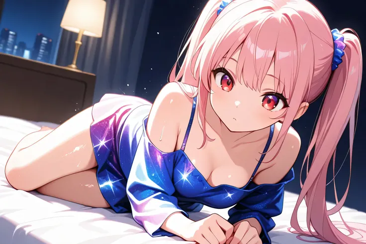 off shoulder,1 girl, high resolution, gaze, best quality, Night clothes,pretty girl, pink twin tails, blur background, red eyes, bed,miniskirt,glitter effect, textured skin, 