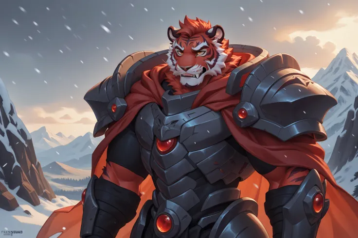 solo, (red fur:1.5), (red skin), (tiger), red eyes, Fierce expression, Cold expression, Domineering, black Cybernetic Mobility armor, Long dark red cloak, standing, snowy mountain, correct anatomy, snowing heavily, blizzard is raging, Thick storm clouds lo...