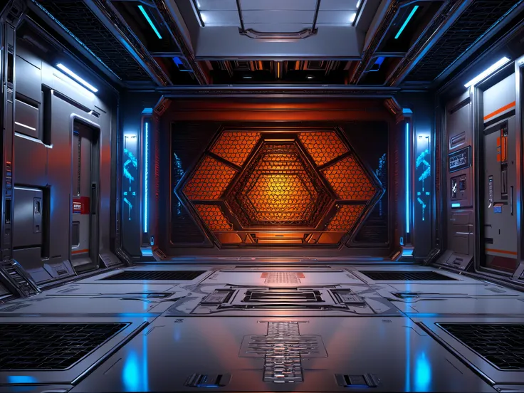 Apex Legends-style futuristic battle simulation room, captured from a direct frontal view. The scene features sleek metallic walls with intricate hexagonal grid patterns, illuminated by vibrant neon blue and fiery orange lighting. A large, reinforced trans...