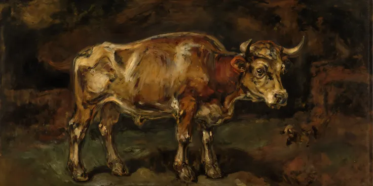 16th century style oil painting, foreboding, dark background, front light, odd, strange, thick brush strokes, golds, reds, greens, dramatic, a cow, in a pasture, focus on eyes, 
