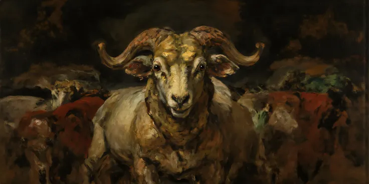 16th century style oil painting, foreboding, dark background, front light, odd, strange, thick brush strokes, golds, reds, greens, dramatic, a sheep, with other sheep in the distance, focus on eyes, 
