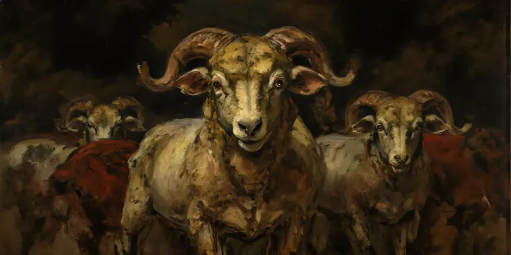 16th century style oil painting, foreboding, dark background, front light, odd, strange, thick brush strokes, golds, reds, greens, dramatic, a sheep, with other sheep in the distance, focus on eyes, 
