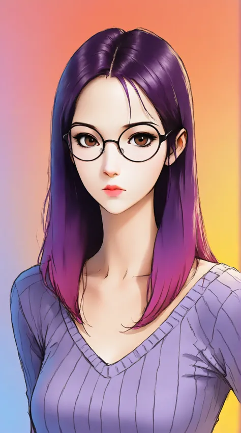 (best quality, sketch:1.2),realistic,illustrator,anime,1 girl, detailed lips, sweater, custom, red gradient background, neon hair, reddish purple hair, straight bobbed hair, no bangs, Forehead showing, wearing glasses, dour, expressionless, critical, myste...