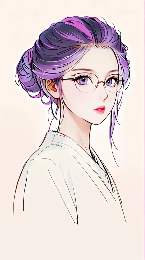 (best quality, sketch:1.2),realistic,illustrator,anime,1 girl, detailed lips, sweater, custom, red gradient background, neon hair, reddish purple hair, straight bobbed hair, no bangs, Forehead showing, wearing glasses, dour, expressionless, critical, myste...