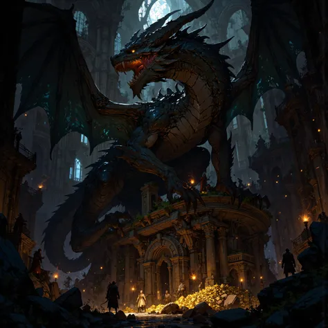 Anime style, full body, a massive black dragon on top of his piles of gold underground of a cave, some pilars, only torch lights, soft lights, dark place, dark fantasy inspired, (ultra-detailed:1.6), masterpiece, (((no background:1.7))), best resolution, u...