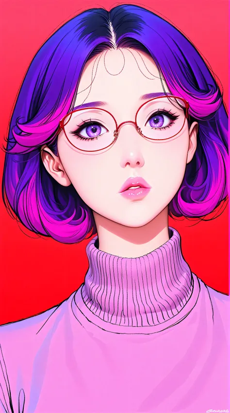 (best quality, sketch:1.2),realistic,illustrator,anime,1 girl, detailed lips, sweater, custom, red gradient background, neon hair, reddish purple hair, cut bangs, Forehead showing, wearing glasses, dour, expressionless, critical, mysterious, cool vibes, te...