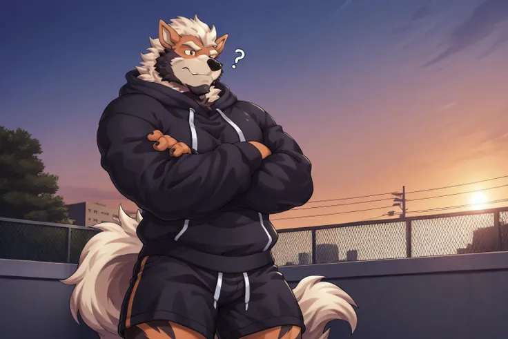 solo, 1boy, arcanine, (black beard:1.3), furry, bara, orange eyes, black hoodie, black shorts, natural body proportions, closed mouth, Questioning gaze, Disgusted expression, standing with crossed arms, campus rooftop, outdoor, afternoon, score_9, score_8_...