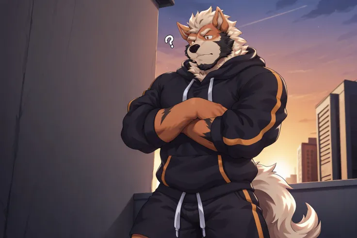 solo, 1boy, arcanine, (black beard:1.3), furry, bara, orange eyes, black hoodie, black shorts, natural body proportions, closed mouth, Questioning gaze, Disgusted expression, standing with crossed arms, campus rooftop, outdoor, afternoon, score_9, score_8_...