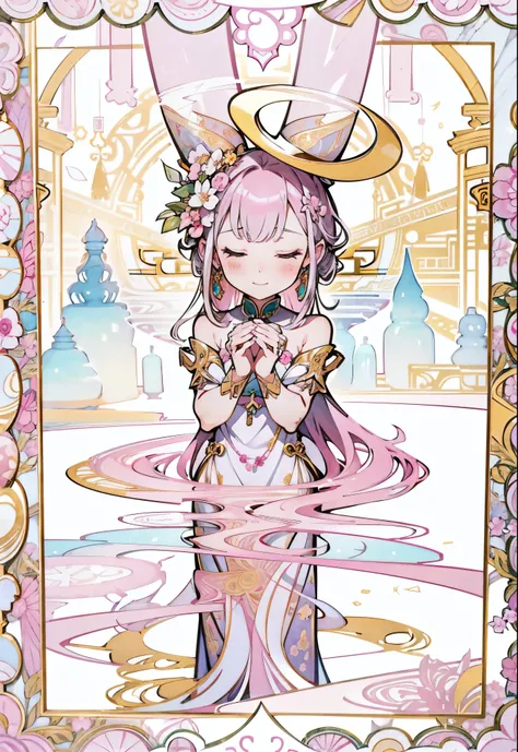 Exquisite creative religious border on the outside, with gemstones ,depicts a pink rabbit girl with pink bunny ears standing in the middle of a lake and smiling and praying hands together,Vivid rabbit ears,Vividly detailed rabbit ears,Very detailed rabbit ...