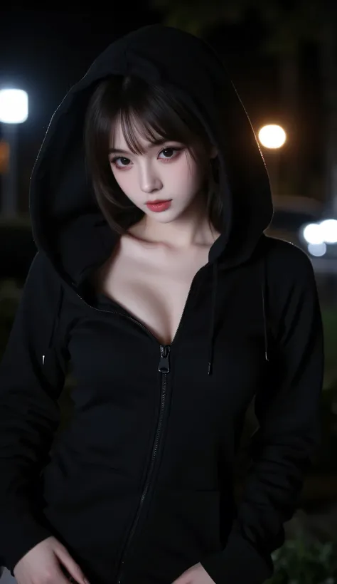Huge cleavage girl in black hoodie covering head at night posing cool