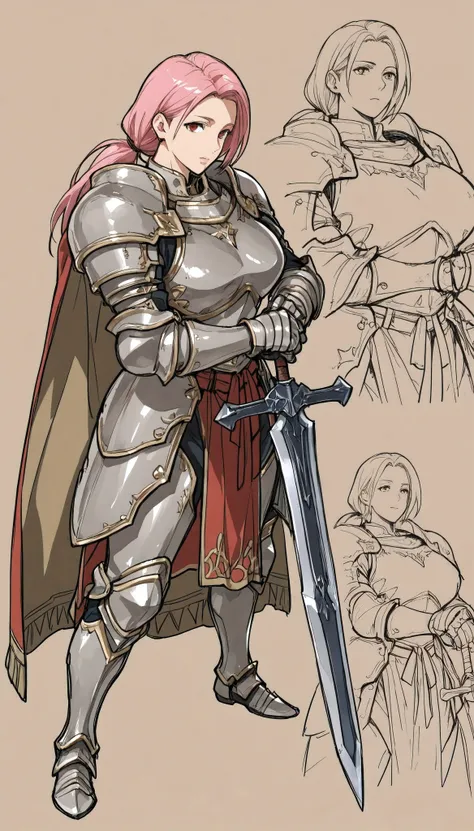 32 yo, (Sugar mature mommy), (anime girl with pink hair), loose low ponytail, red eyes, gauntlets, armored dress, breastplate, hipguards, holding heavily decorated broadsword, crotch guard, armored heeled-greaves, asymetric knights cape, anime moe artstyle...