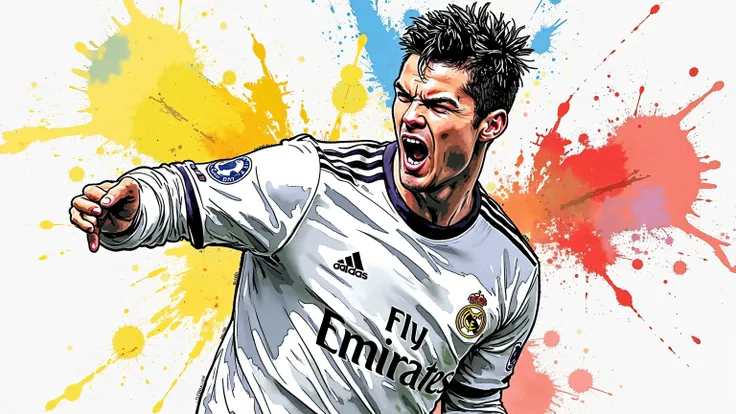 （（A draft of the player's ink-rendered sketch）），（（C Ronaldo））），（Ink drops），（graffiti sketch ），（best quality），（Extreme details），（disperse color blocks），（distributed canvas design），（messy canvas），（wallpaper design）