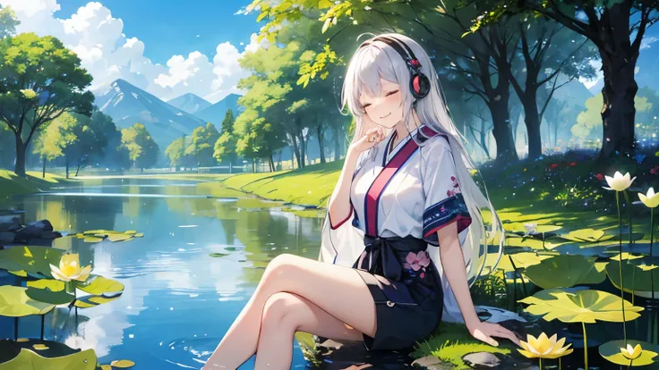 (( Masterpiece 、 top quality、 official art))、Detailed Anime、Unity 8 k wallpaper、((girl summer clothes 、 detailed face 、smile)) use headphone, beautifull silver long hair, sexy body, Wear short sleeves and shorts,enjoying music with closed eye, Roll up you...